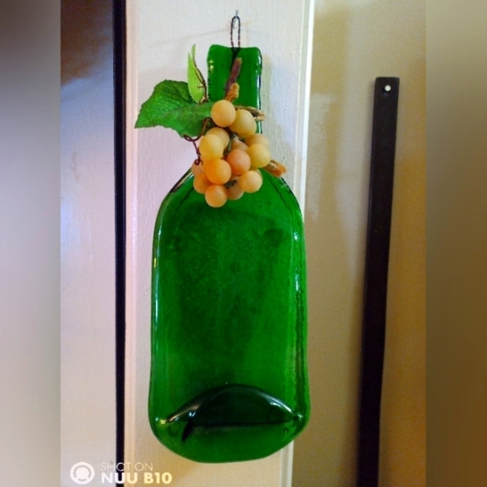 Green Glass Bottle Spoon Rest With Grape Accent